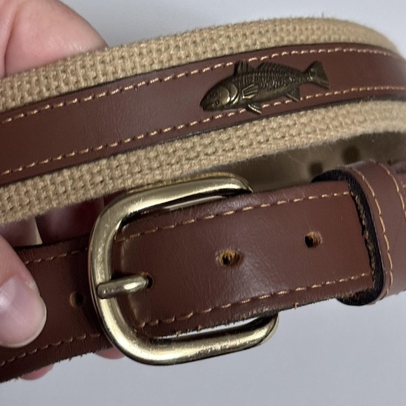 Zep Pro Belt Mens 42 Brown Cotton Canvas Leather Brass Fish Woven‎ USA - Picture 2 of 14